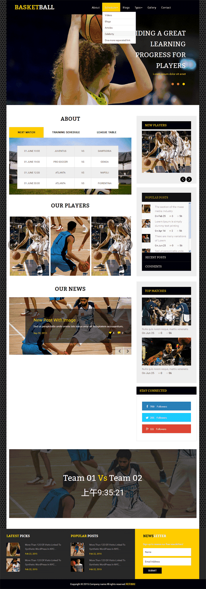 黑色的体育篮球俱乐部网站Wordpress模板（带手机版）效果图