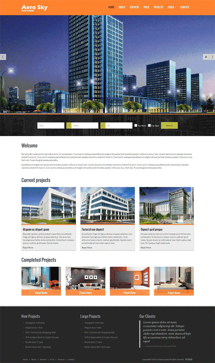 橙色的房地产建设公司网站WordPress模板（带手机版）效果图
