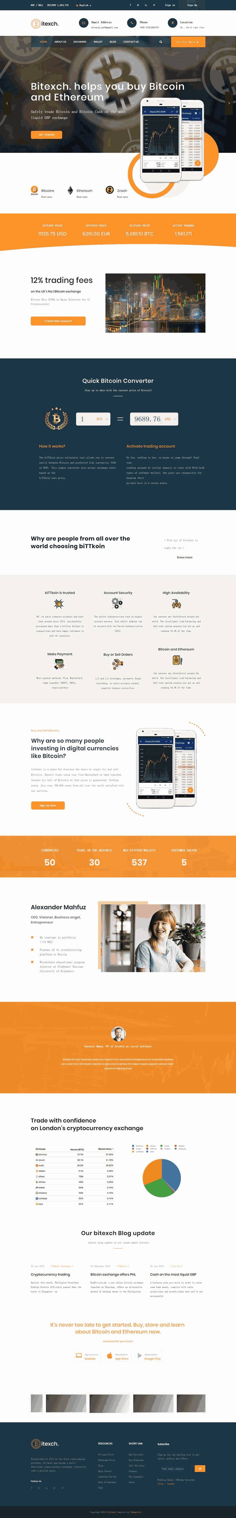 橙色的电子货币比特币网站Wordpress模板（带手机版）效果图