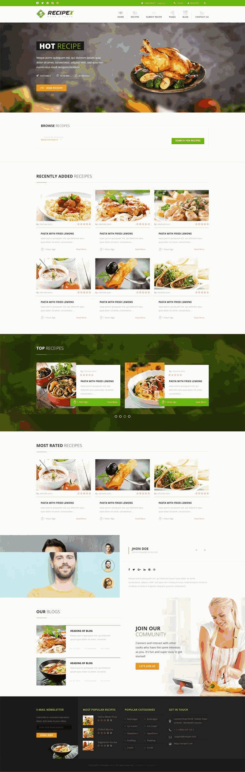 绿色的餐饮美食交流平台网站自适应Wordpress模板（带手机版）效果图