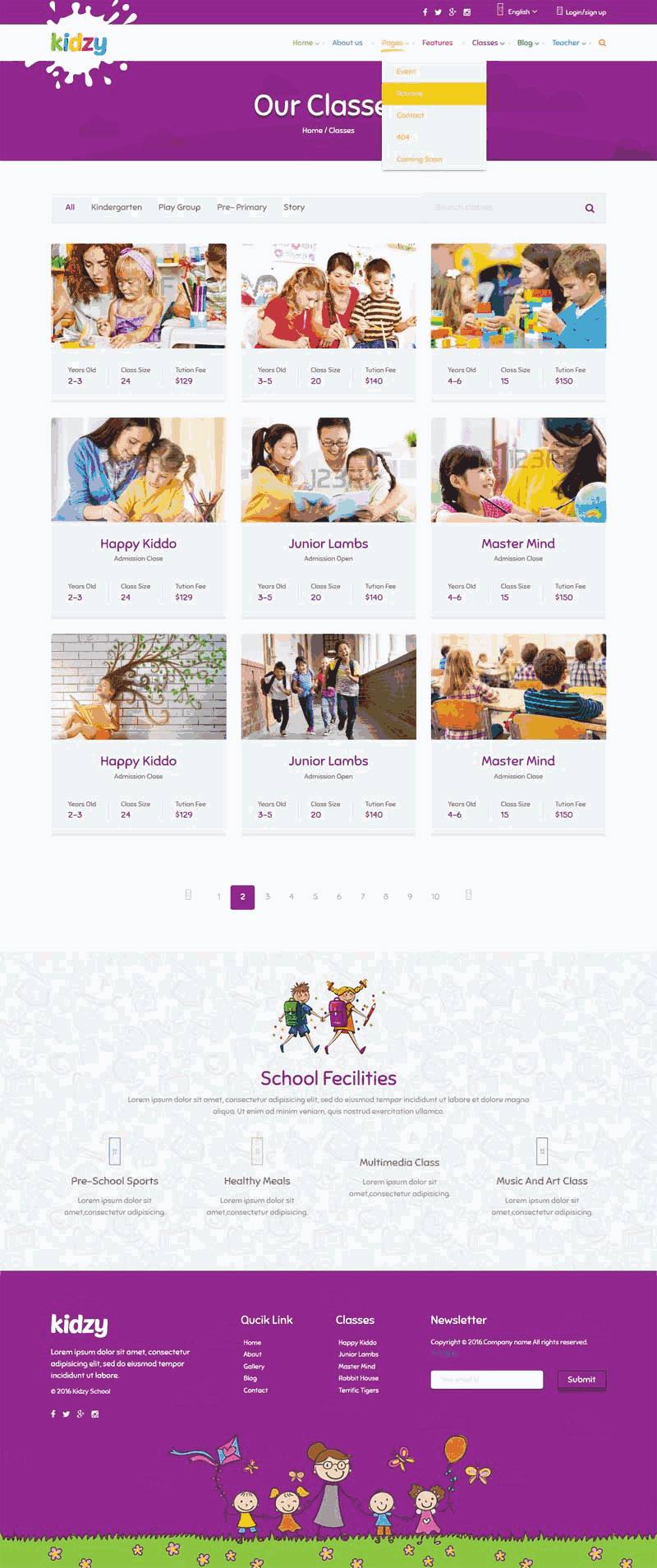 紫色卡通风格的儿童教育培训网站Wordpress模板（带手机版）效果图