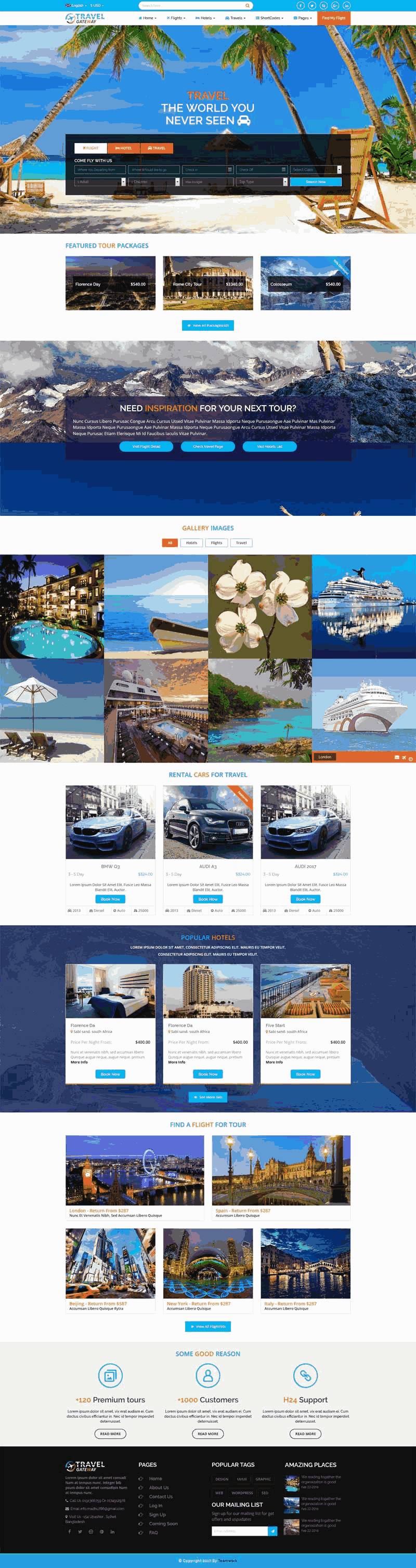 蓝色的旅游酒店服务预订网站自适应Wordpress模板（带手机版）效果图