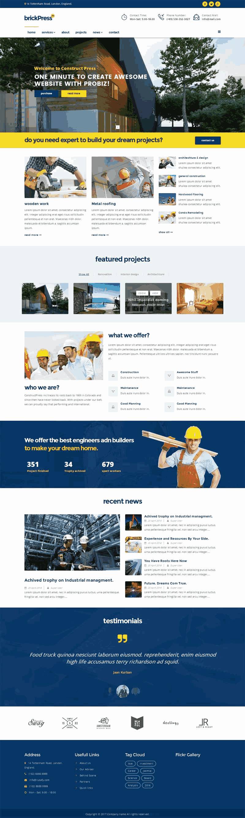 蓝色大气的房屋建筑工程公司网站Wordpress模板（带手机版）效果图