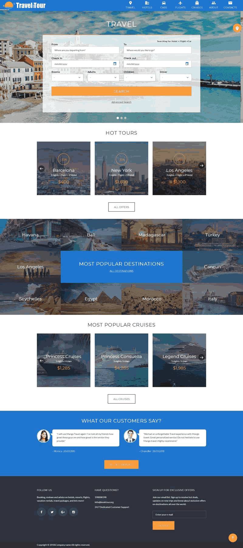 蓝色国外的旅游酒店机票一站式服务网站Wordpress模板（带手机版）效果图