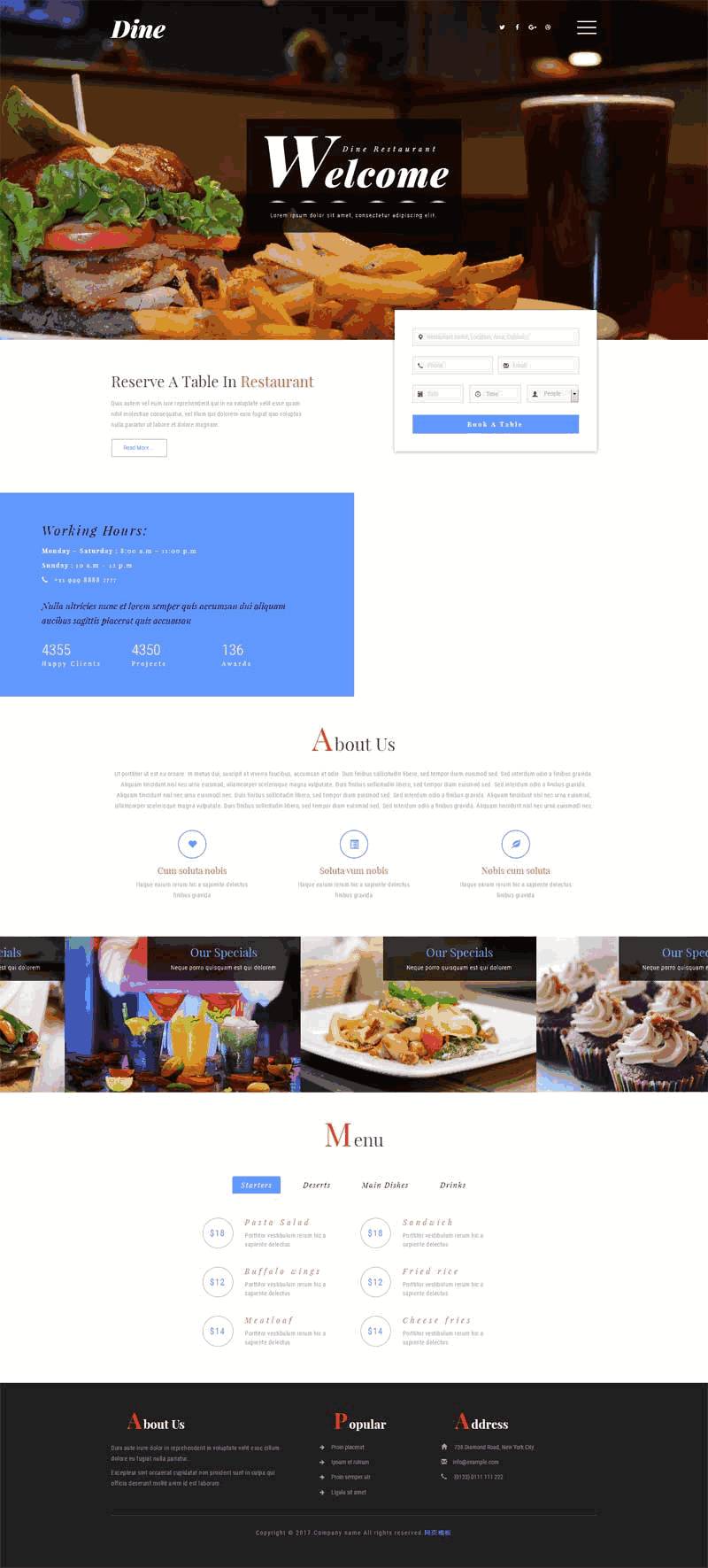 简单的美食餐厅网上预订网站Wordpress模板（带手机版）效果图