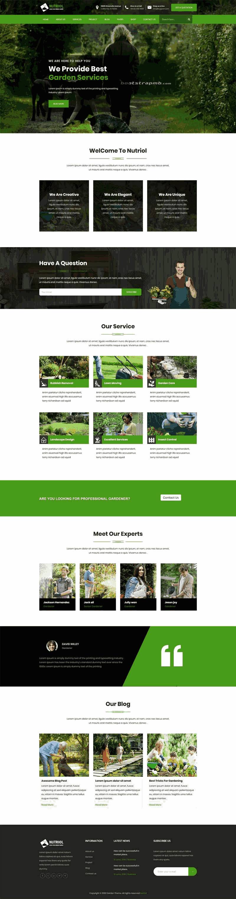 绿色的花园设计服务bootstrap响应式网站Wordpress模板（带手机版）效果图