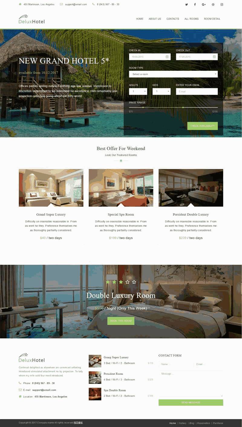 绿色的海边度假酒店预订网站Wordpress模板（带手机版）效果图