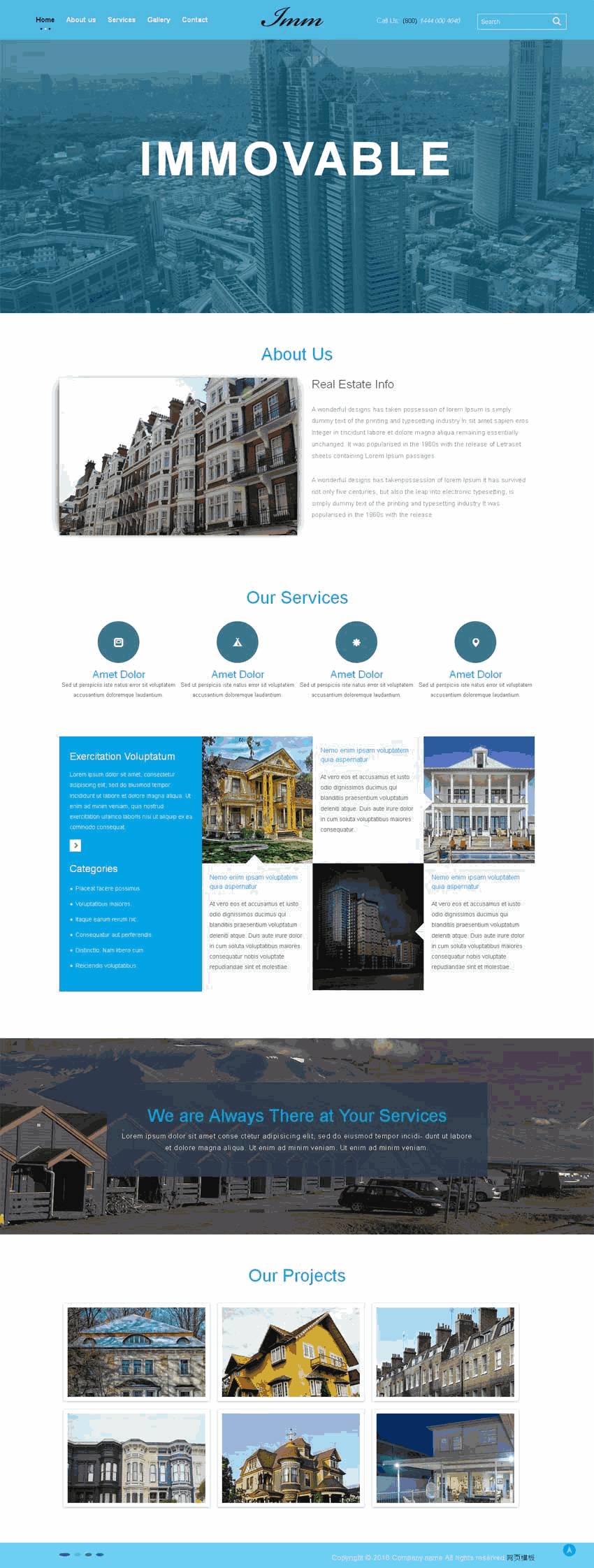 蓝色宽屏的房地产建筑公司网站Wordpress模板（带手机版）效果图