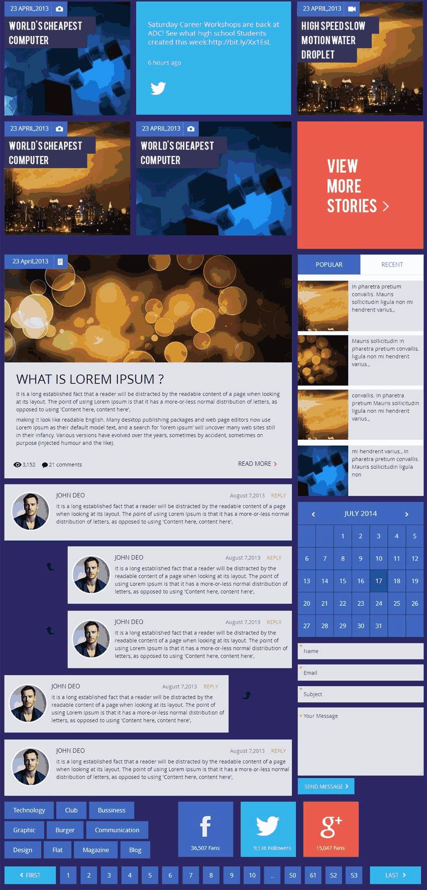 深蓝色扁平风格的公司博客网站UI工具包htmlWordpress模板（带手机版）效果图