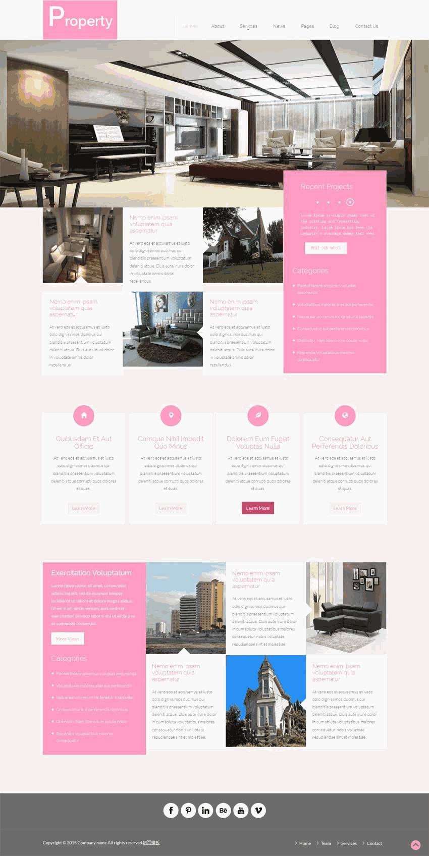 粉色创意的bootstrap自适应装饰公司网站（带手机版）效果图