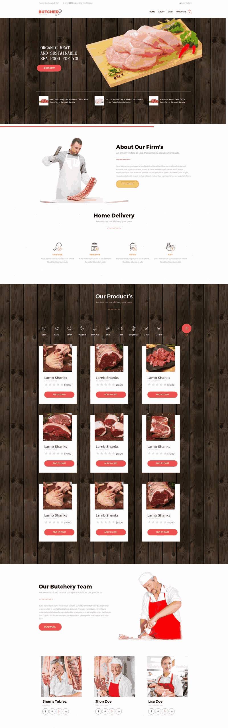 红色宽屏的肉制品销售公司网站Wordpress模板（带手机版）效果图