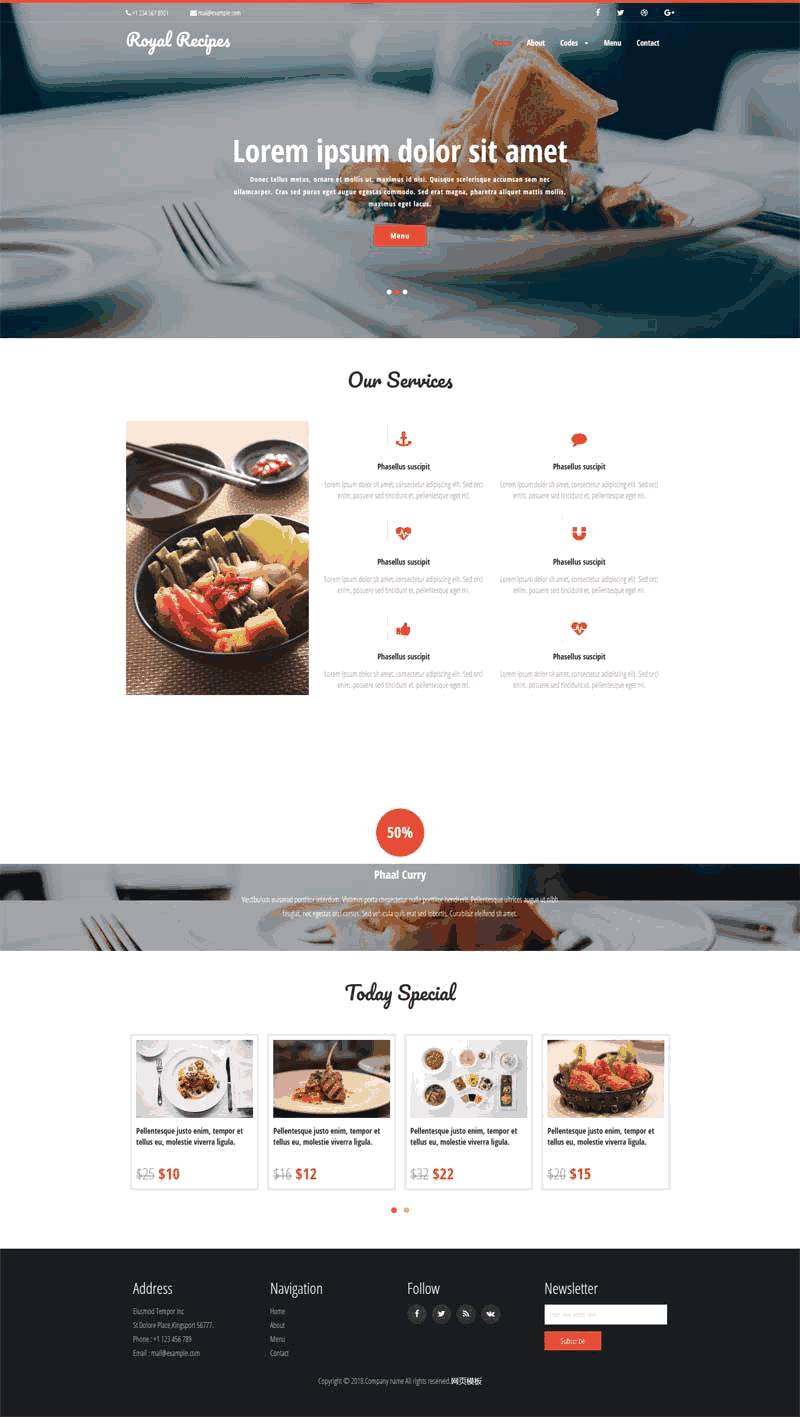 红色的美食餐厅预订网站Wordpress模板（带手机版）效果图