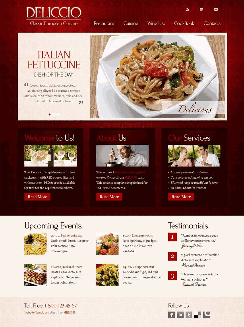 红色欧式花纹的饭店网站Wordpress模板（带手机版）效果图