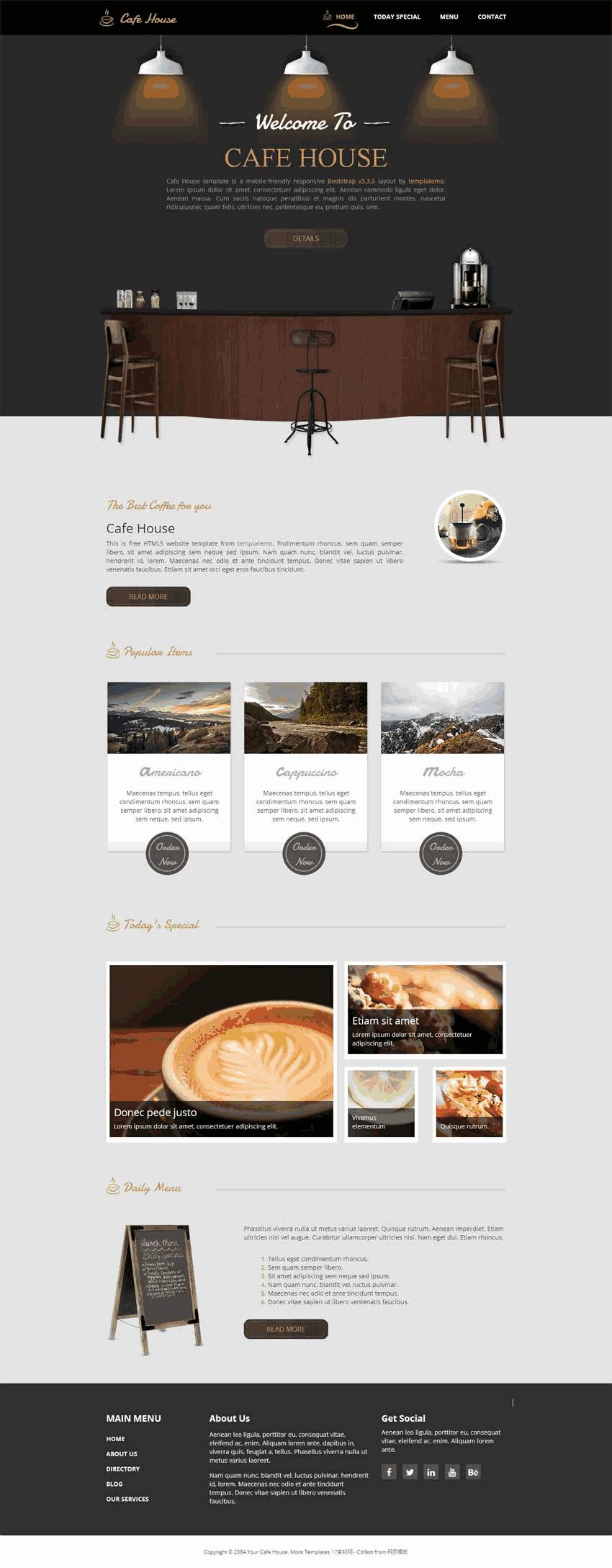 黑色的html5咖啡馆自适应网站Wordpress模板（带手机版）效果图