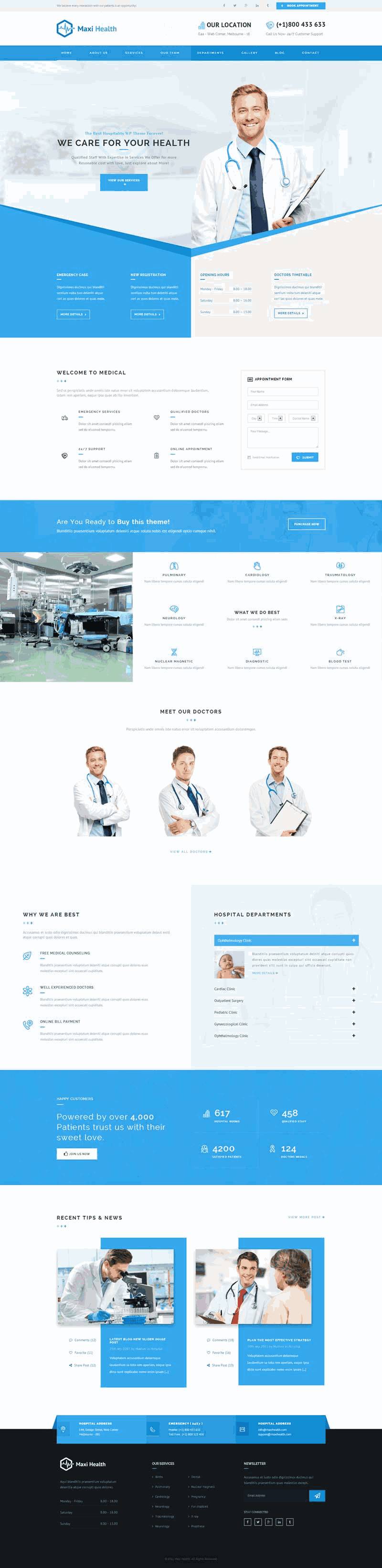 蓝色的门诊专科医院网站自适应Wordpress模板（带手机版）效果图
