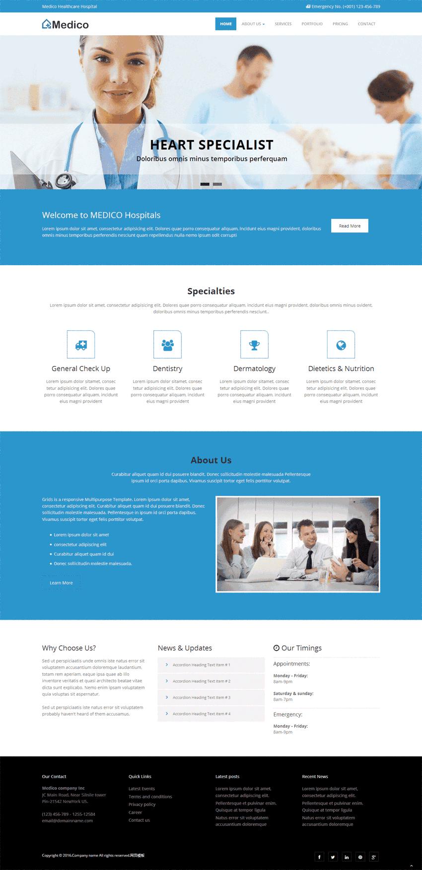 蓝色简洁的牙科医院网站WordPress模板全套（带手机版）效果图
