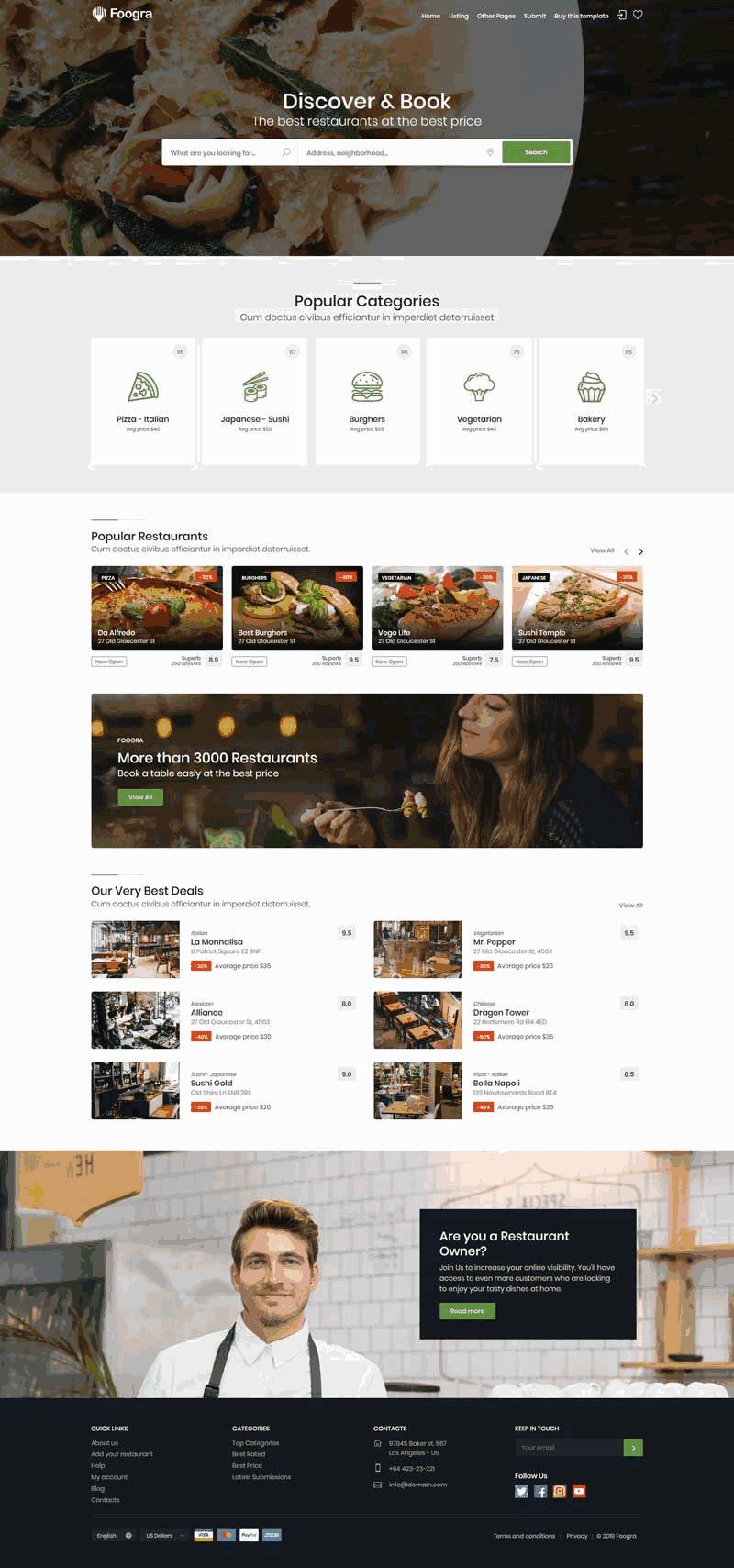 绿色的餐饮预订商家平台网站Wordpress模板（带手机版）效果图