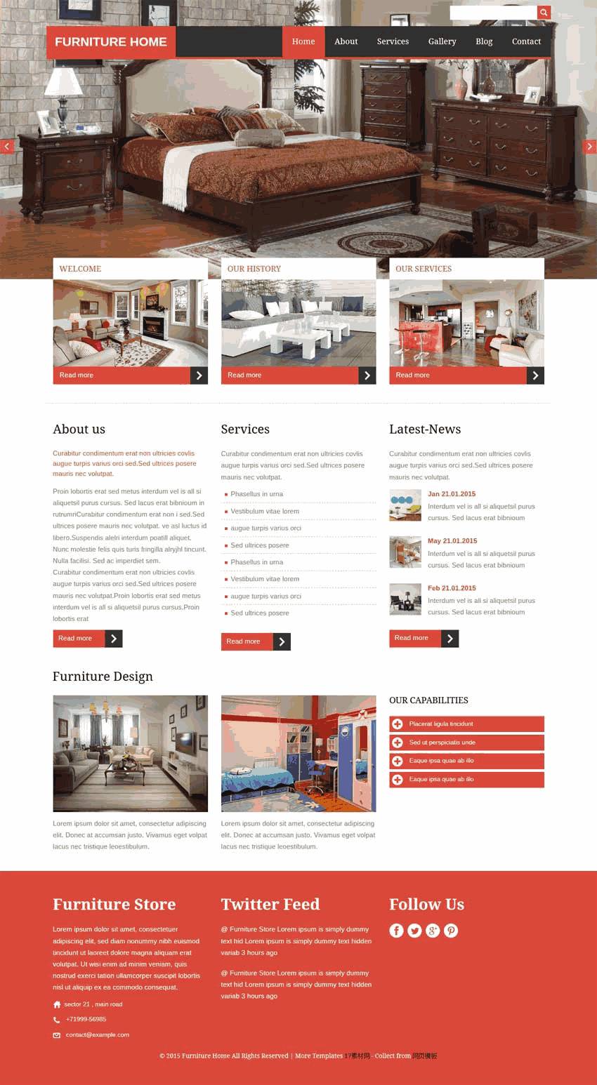 红色扁平风格的室内装修设计网站Wordpress模板（带手机版）效果图