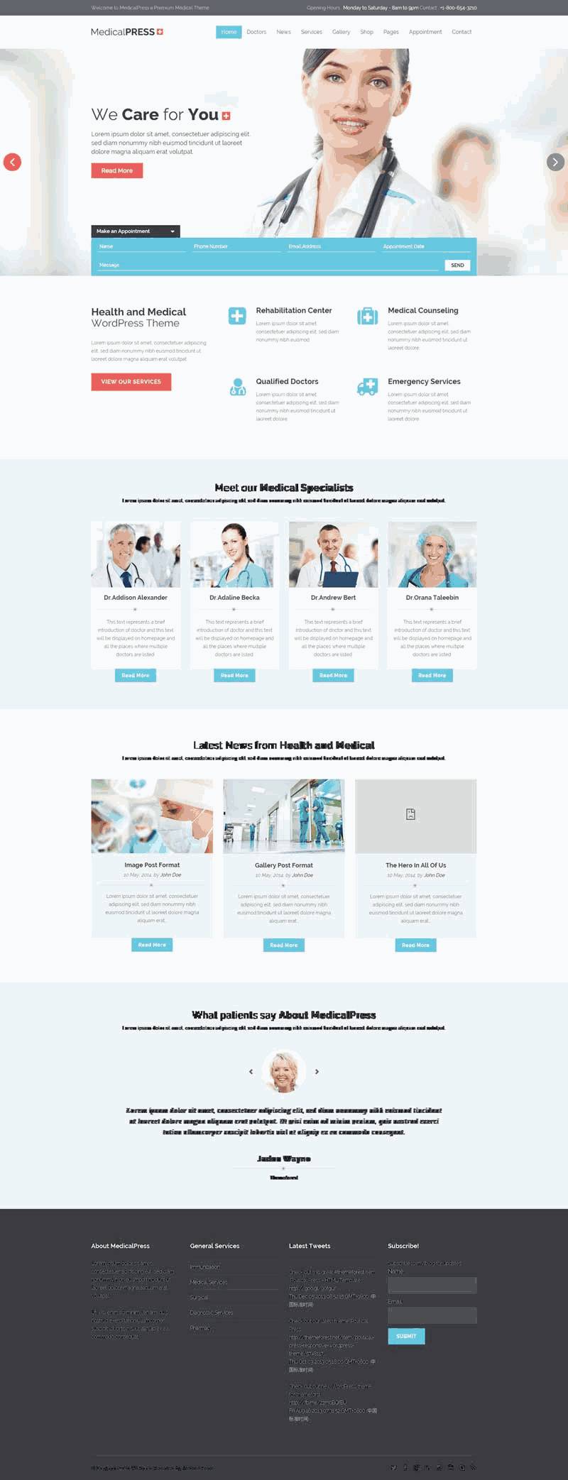 蓝色的健康医疗服务网站Wordpress模板（带手机版）效果图