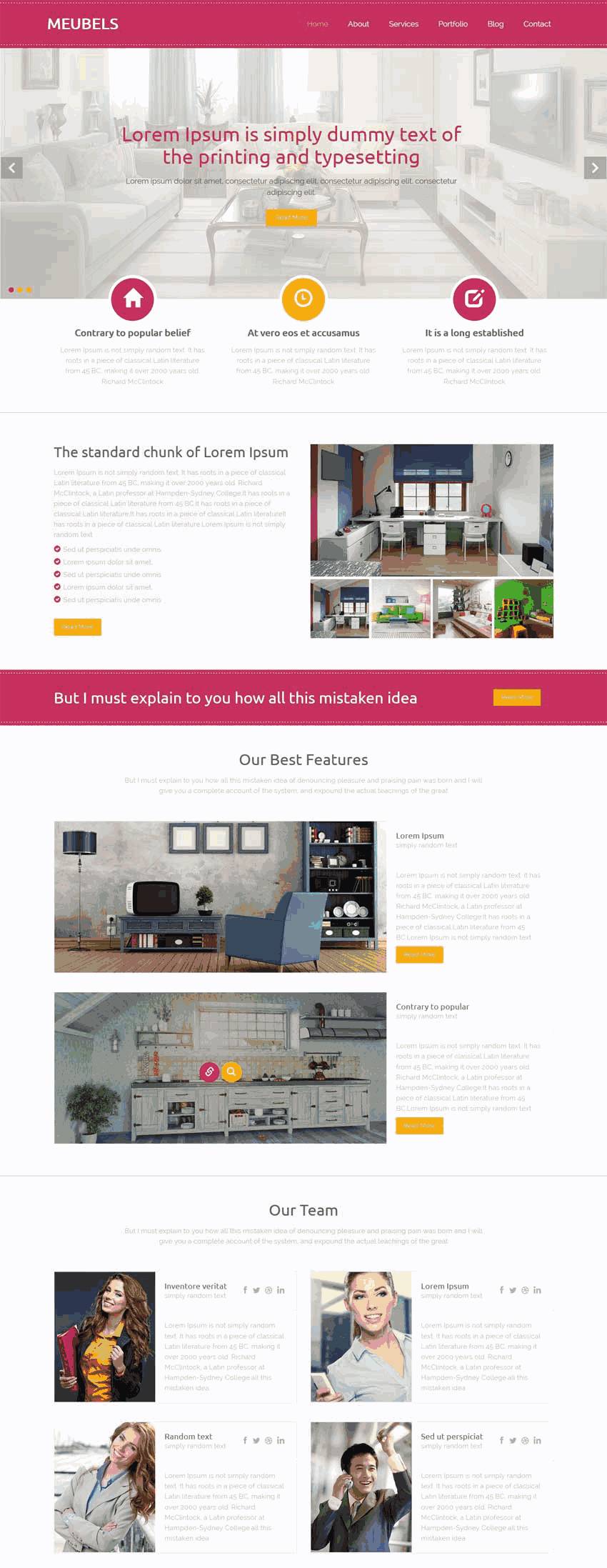 红色扁平的室内装修设计公司网站WordPress模板（带手机版）效果图