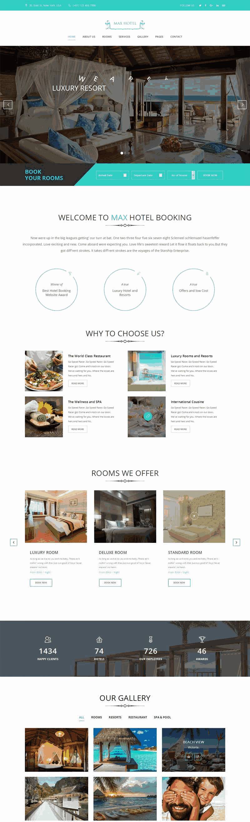 蓝色大气的旅游度假酒店网站Wordpress模板（带手机版）效果图