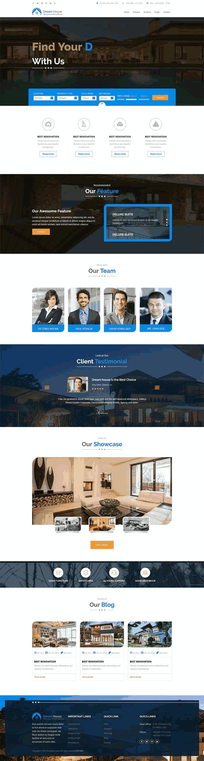 蓝色大气的房产销售网站Wordpress模板（带手机版）效果图