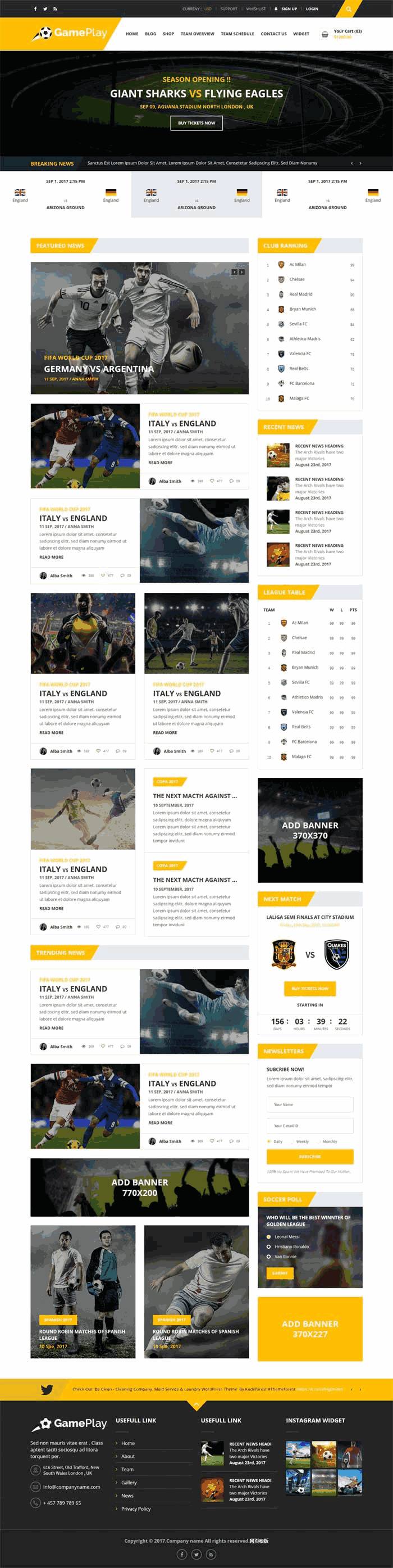 扁平的足球运动比赛资讯网站Wordpress模板（带手机版）效果图