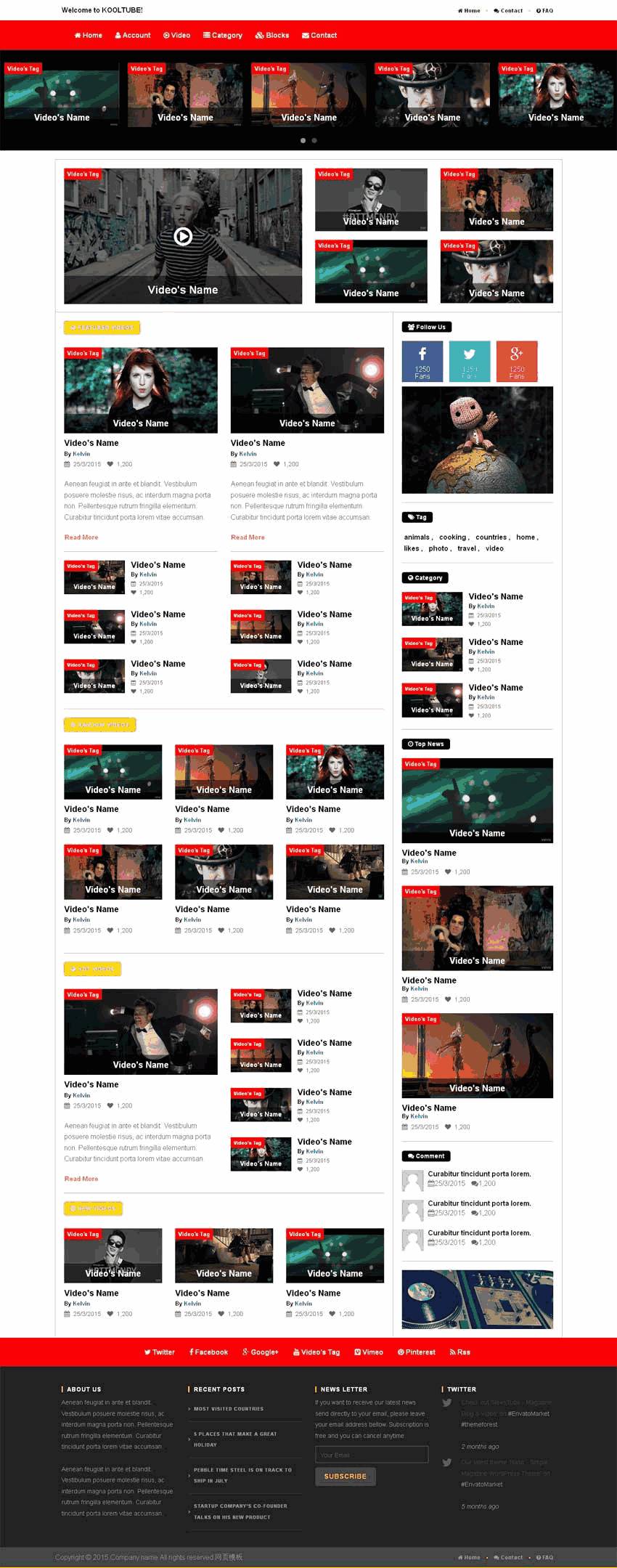html5css3红色国外娱乐视频网站Wordpress模板（带手机版）效果图