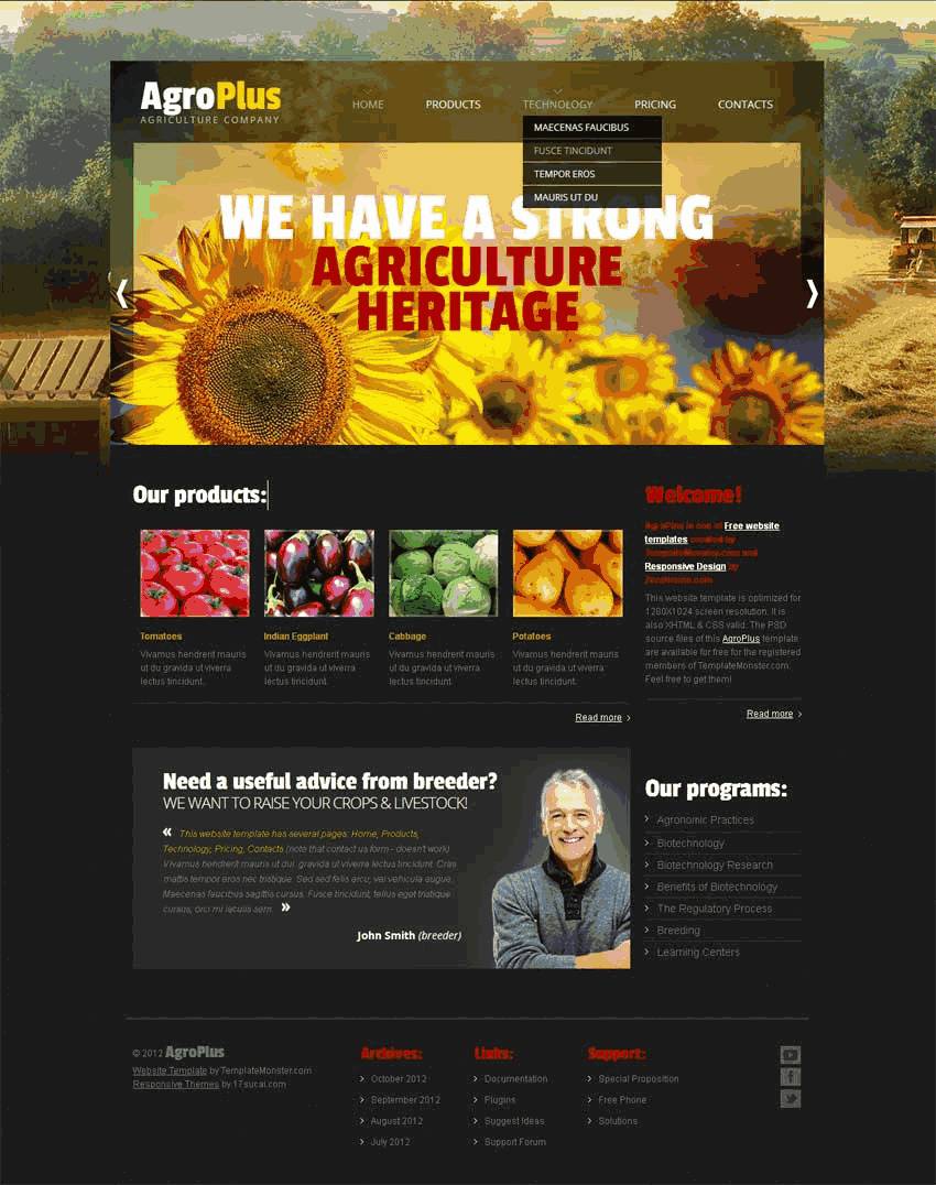 黑色的田园农业生产网站Wordpress模板（带手机版）效果图