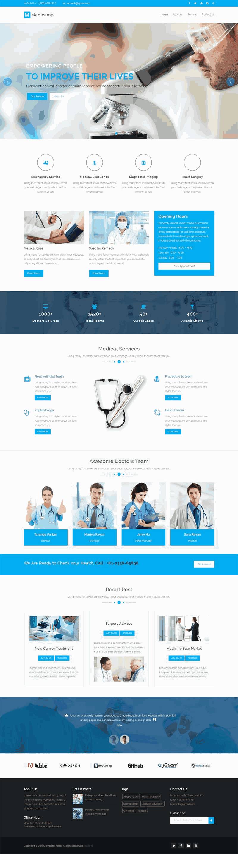 蓝色大气的医疗研究所公司网站Wordpress模板（带手机版）效果图