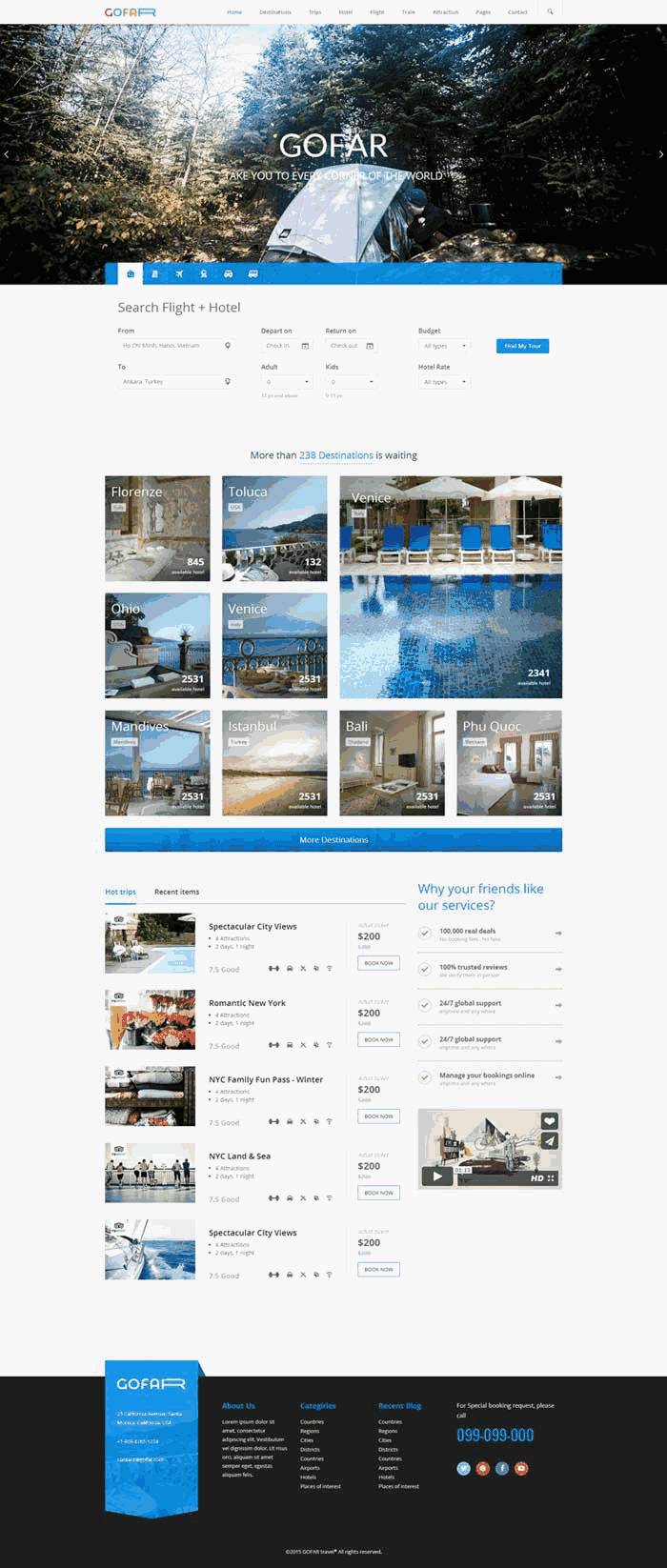 蓝色在线旅行服务公司网站自适应Wordpress模板（带手机版）效果图