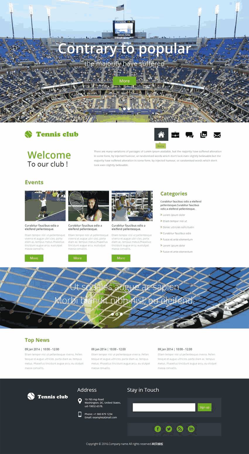 绿色宽屏的网球俱乐部网站Wordpress模板（带手机版）效果图