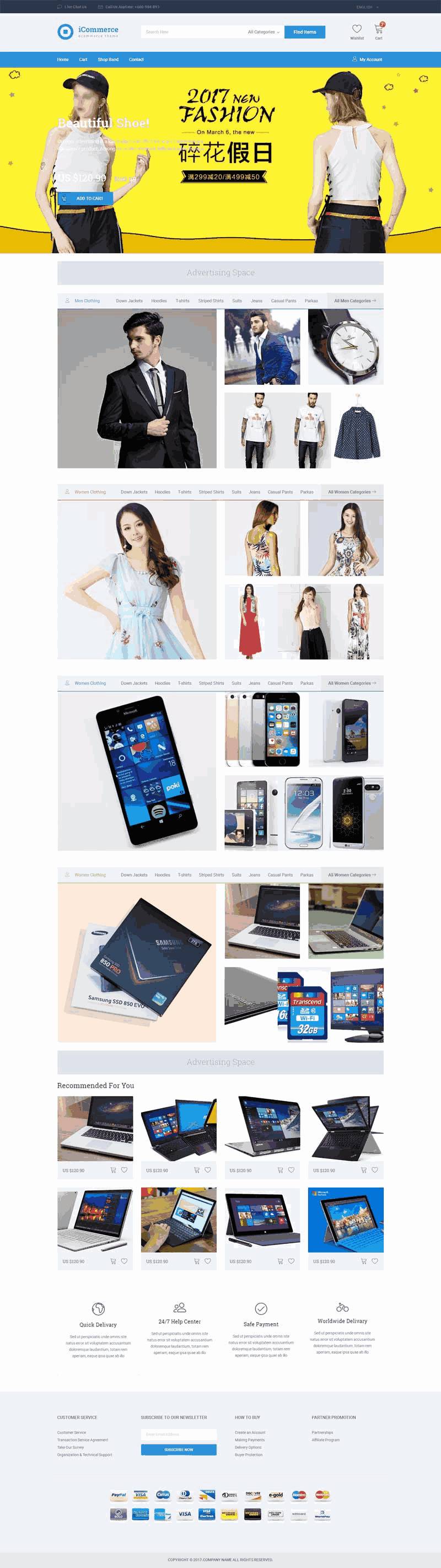 蓝色自适应的时尚电子购物商城Wordpress模板（带手机版）效果图