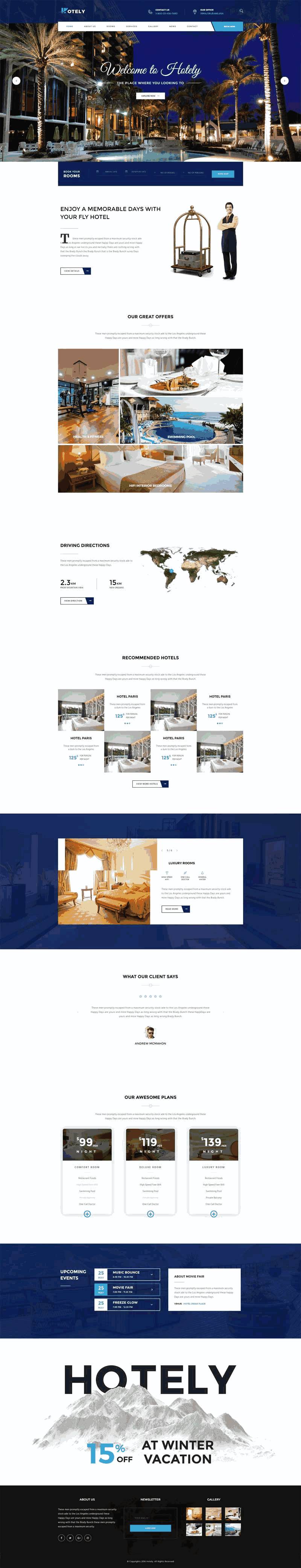 蓝色宽屏的度假酒店预订官网Wordpress模板（带手机版）效果图