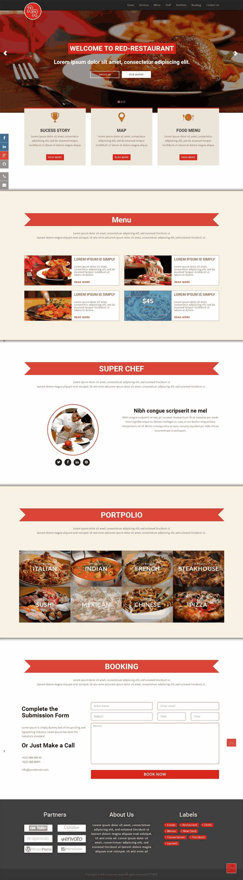 红色的自适应法式西餐厅网站Wordpress模板（带手机版）效果图