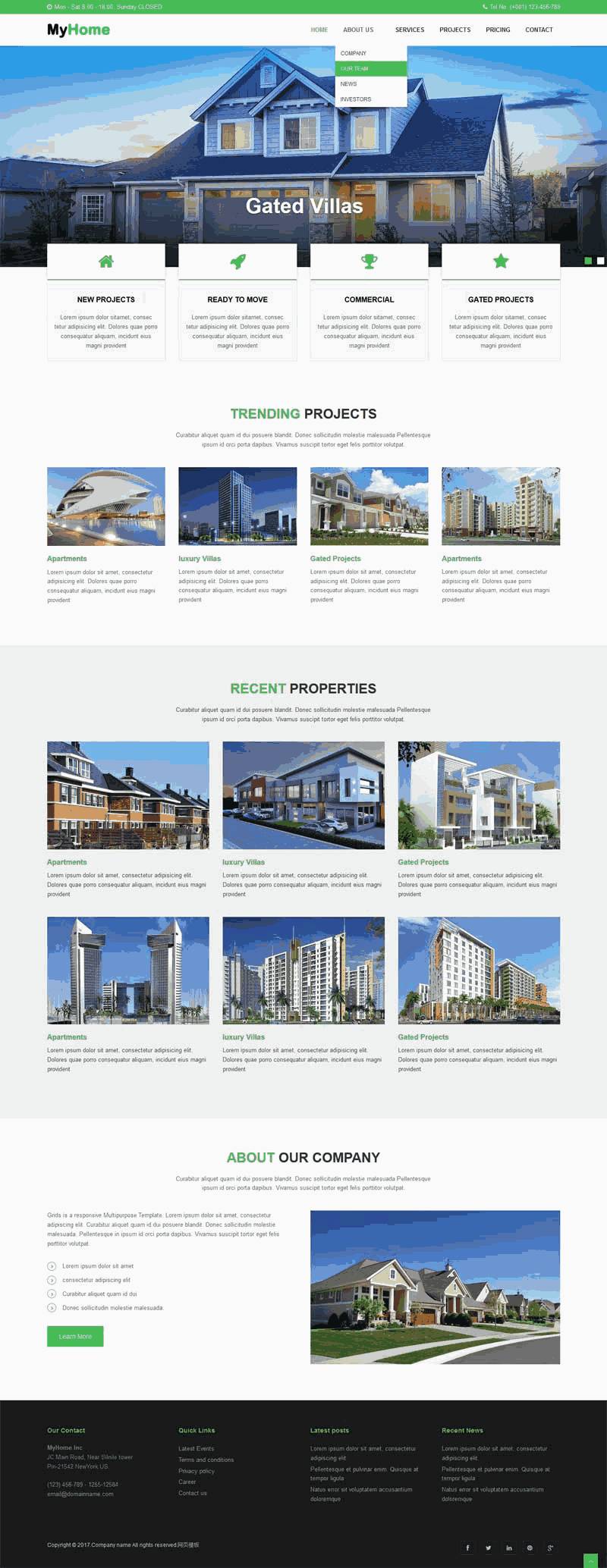 绿色大气的房地产建筑公司网站WordPress模板（带手机版）效果图