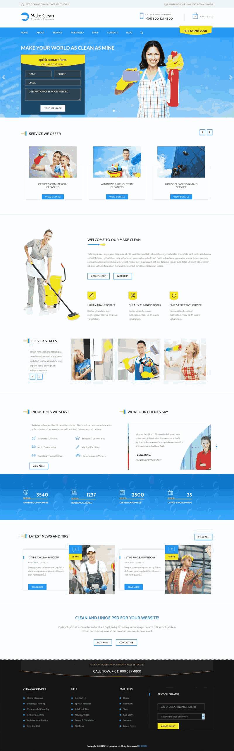 蓝色大气的家政保洁公司网站Wordpress模板（带手机版）效果图
