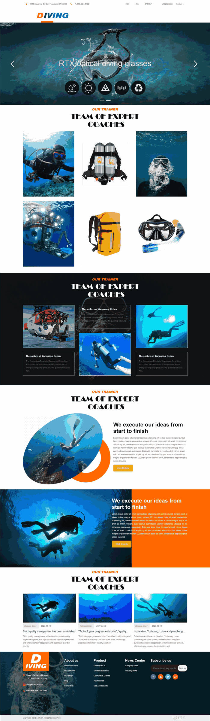 多合一外贸英文潜水装备潜海游泳设备网站WP网站模板效果图